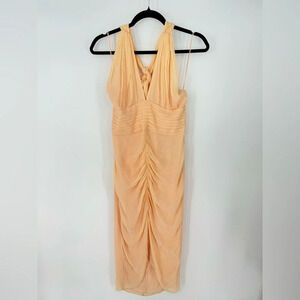 Ladaire Rosa Dress Peach Light Pastel 100% Silk Ruched Halter Midi Dress